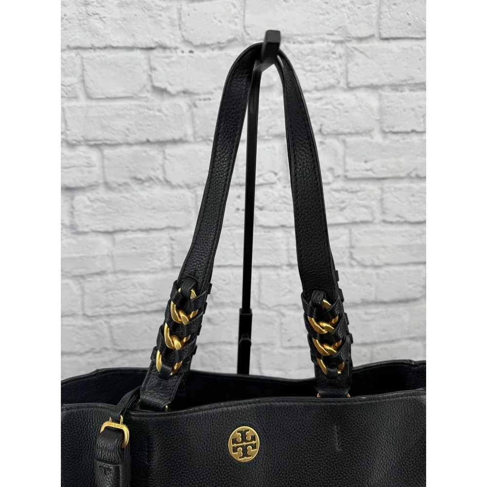 Tory Burch Brooke Black Pebbled Leather Tassel Tote Bag Gold Chain Accent Womens